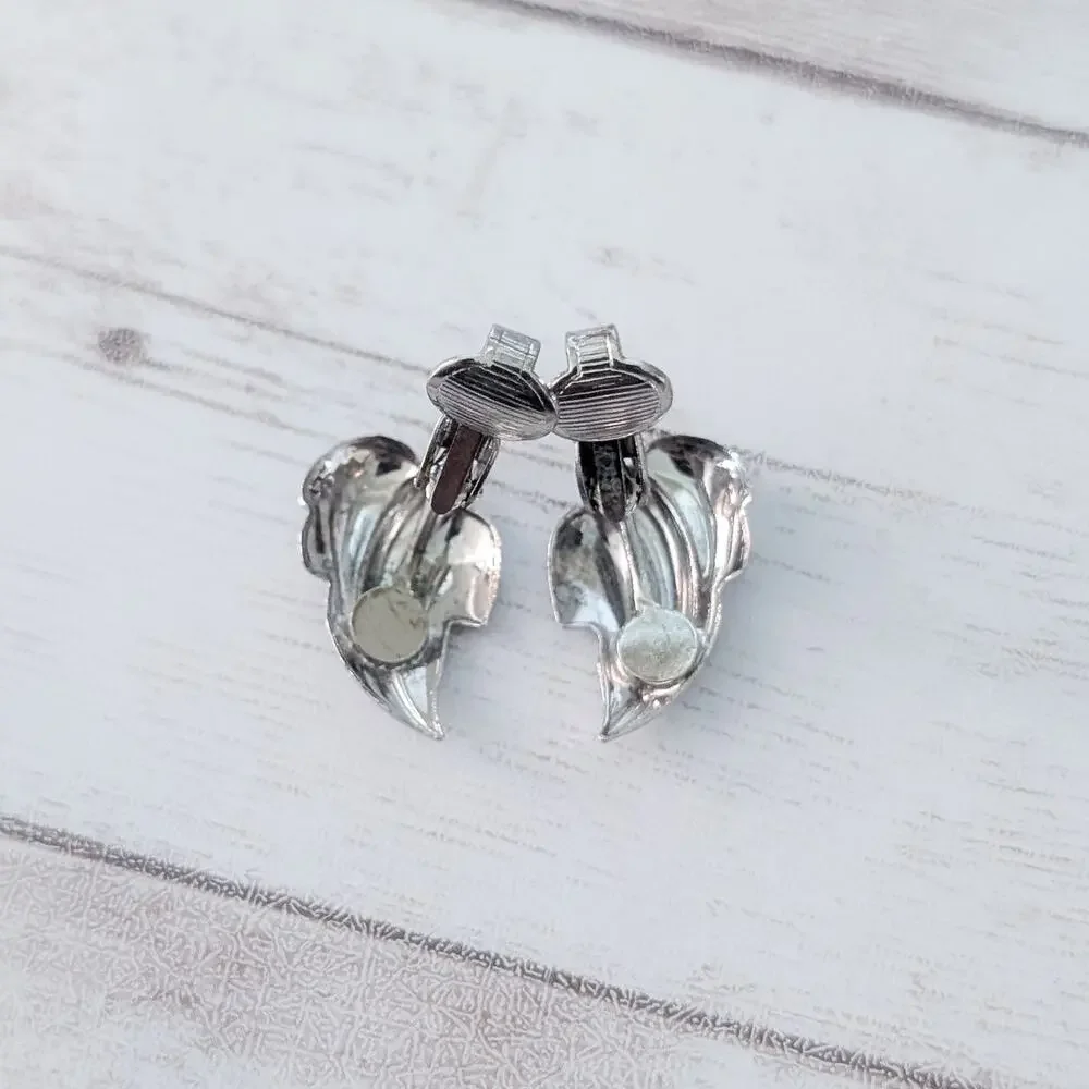 Vintage Clip On Earrings Silver Tone & Black Leaf - Some Paint Chipping